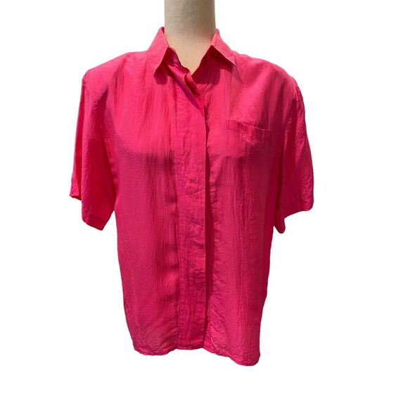 Bright Hot Pink Silk Blouse Fuschia Vintage 80s‎ Large Retro Punk - Picture 1 of 3